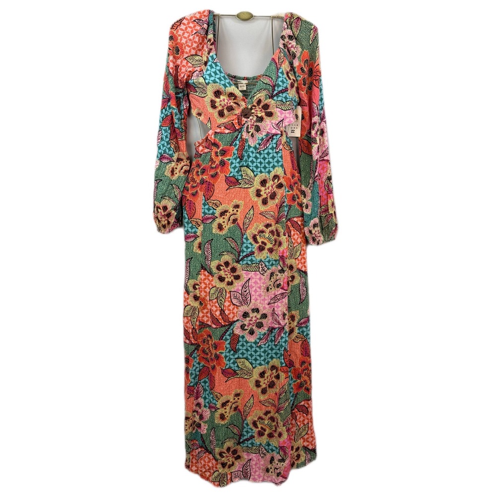 NWT-Billabong Womens Floral O-Ring Cut-Out Maxi Dress Long Sleeve / Large